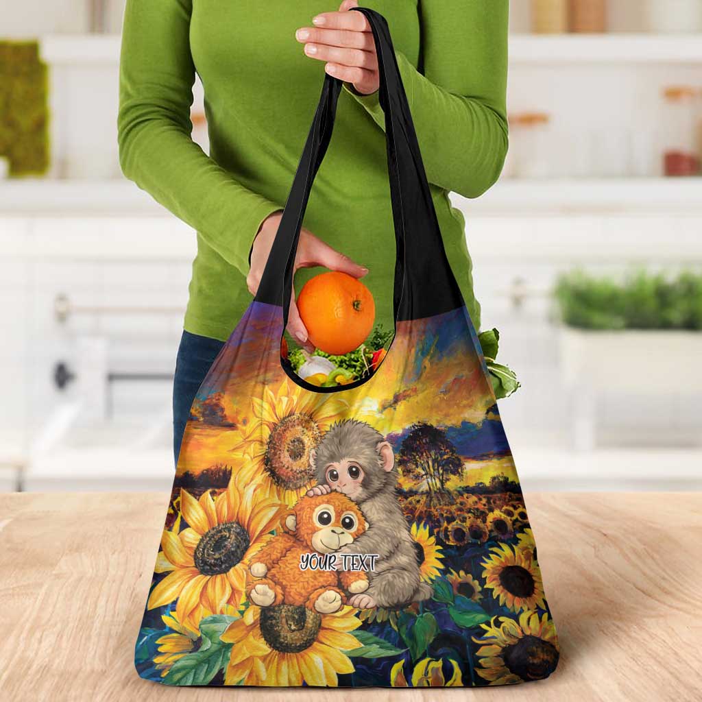 Baby Monkey Punch Personalized Grocery Bag Sunflower Field Oil Painting Style