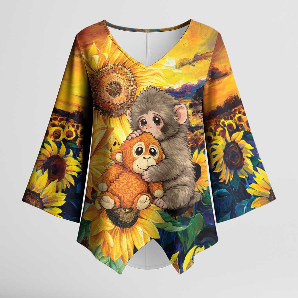 Baby Monkey Punch Personalized Kimono Sleeve Blouse Sunflower Field Oil Painting Style