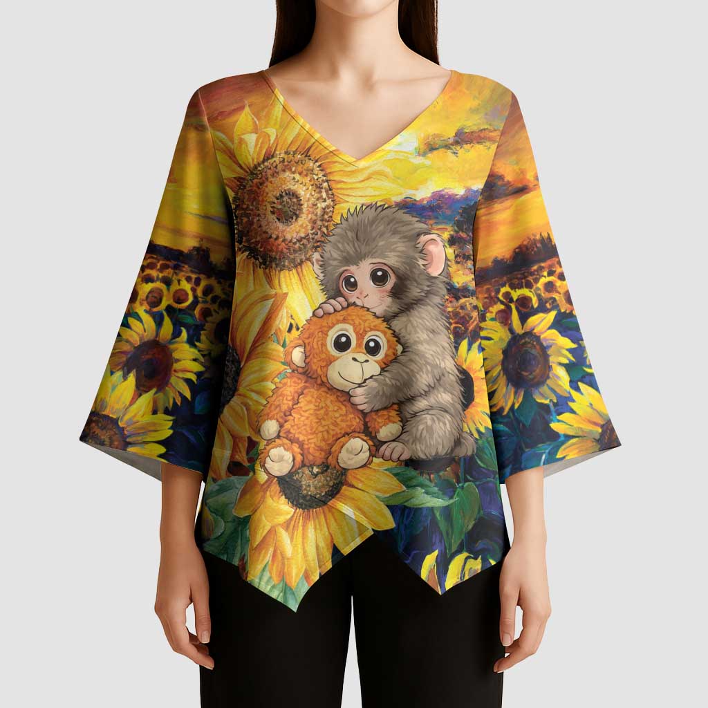 Baby Monkey Punch Personalized Kimono Sleeve Blouse Sunflower Field Oil Painting Style