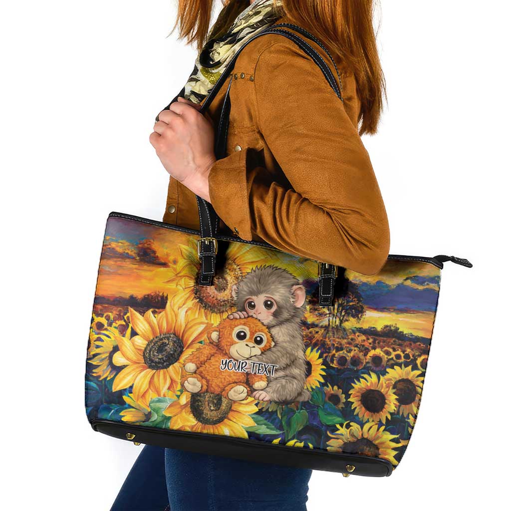 Baby Monkey Punch Personalized Leather Tote Bag Sunflower Field Oil Painting Style