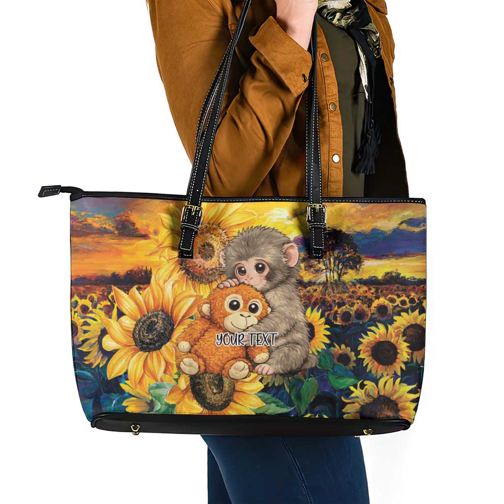 Baby Monkey Punch Personalized Leather Tote Bag Sunflower Field Oil Painting Style