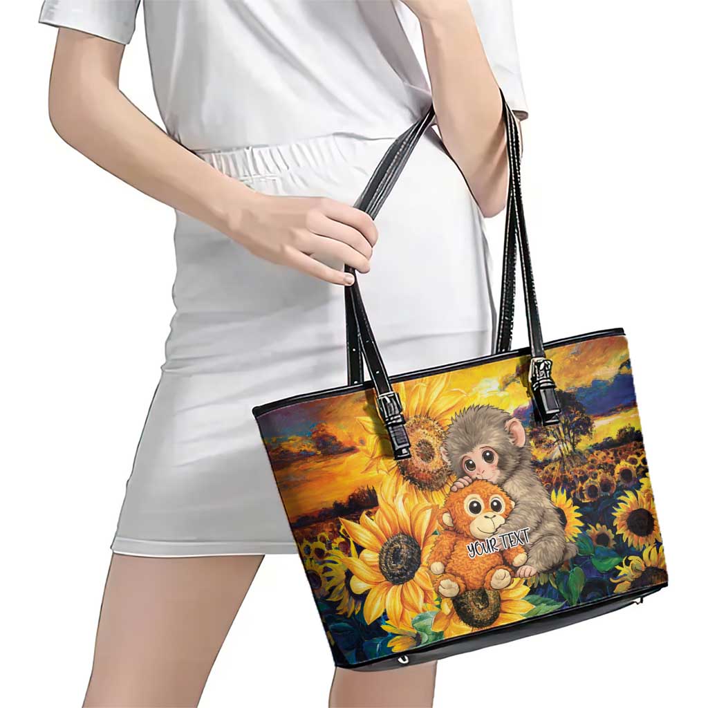 Baby Monkey Punch Personalized Leather Tote Bag Sunflower Field Oil Painting Style