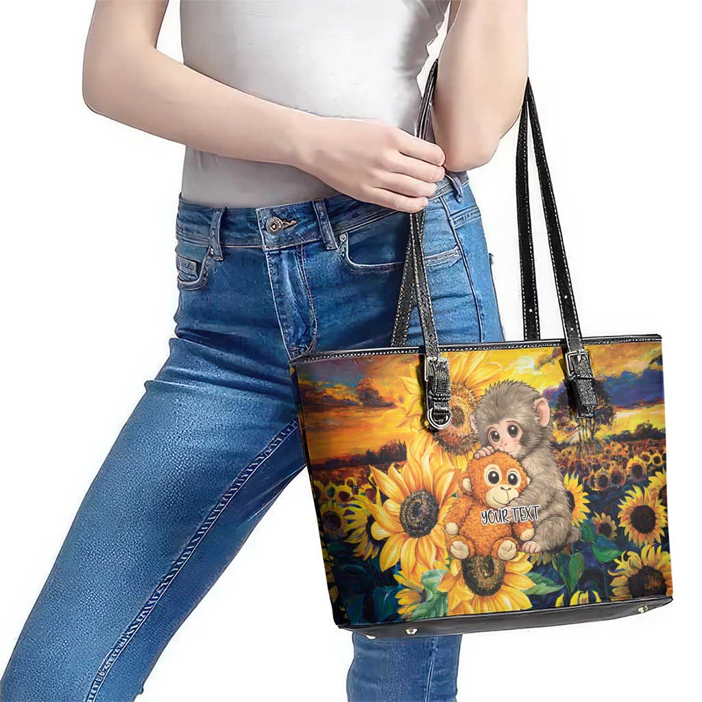 Baby Monkey Punch Personalized Leather Tote Bag Sunflower Field Oil Painting Style
