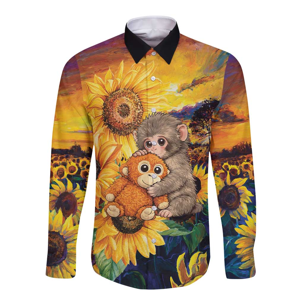 Baby Monkey Punch Personalized Long Sleeve Button Shirt Sunflower Field Oil Painting Style