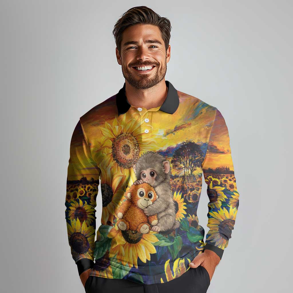 Baby Monkey Punch Personalized Long Sleeve Polo Shirt Sunflower Field Oil Painting Style