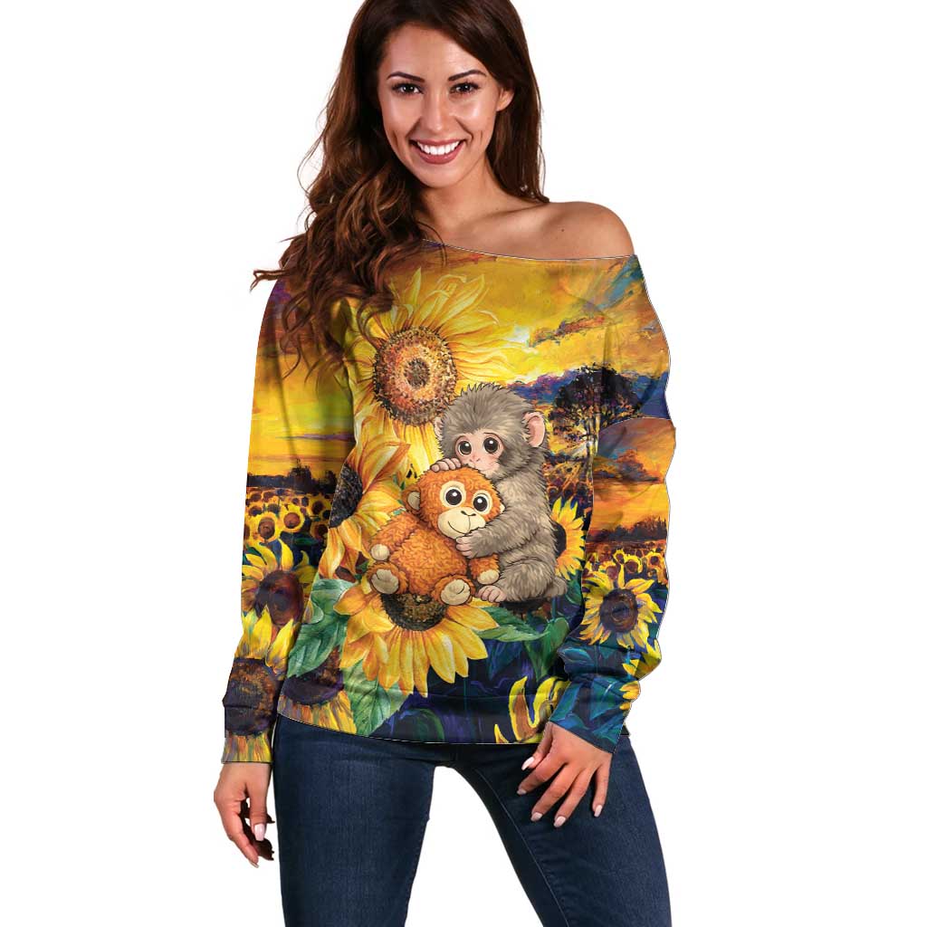 Baby Monkey Punch Personalized Off Shoulder Sweater Sunflower Field Oil Painting Style