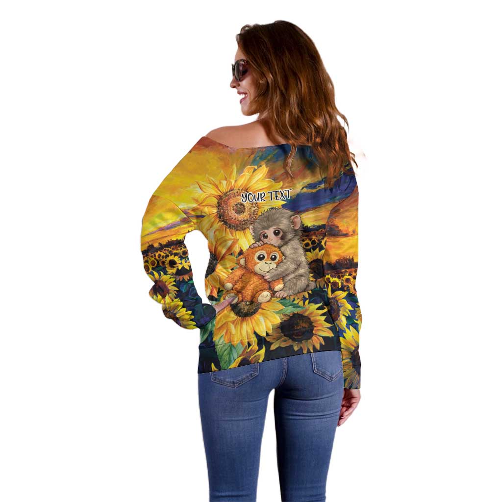 Baby Monkey Punch Personalized Off Shoulder Sweater Sunflower Field Oil Painting Style