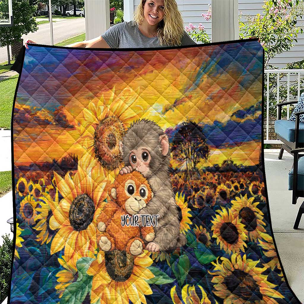 Baby Monkey Punch Personalized Quilt Sunflower Field Oil Painting Style