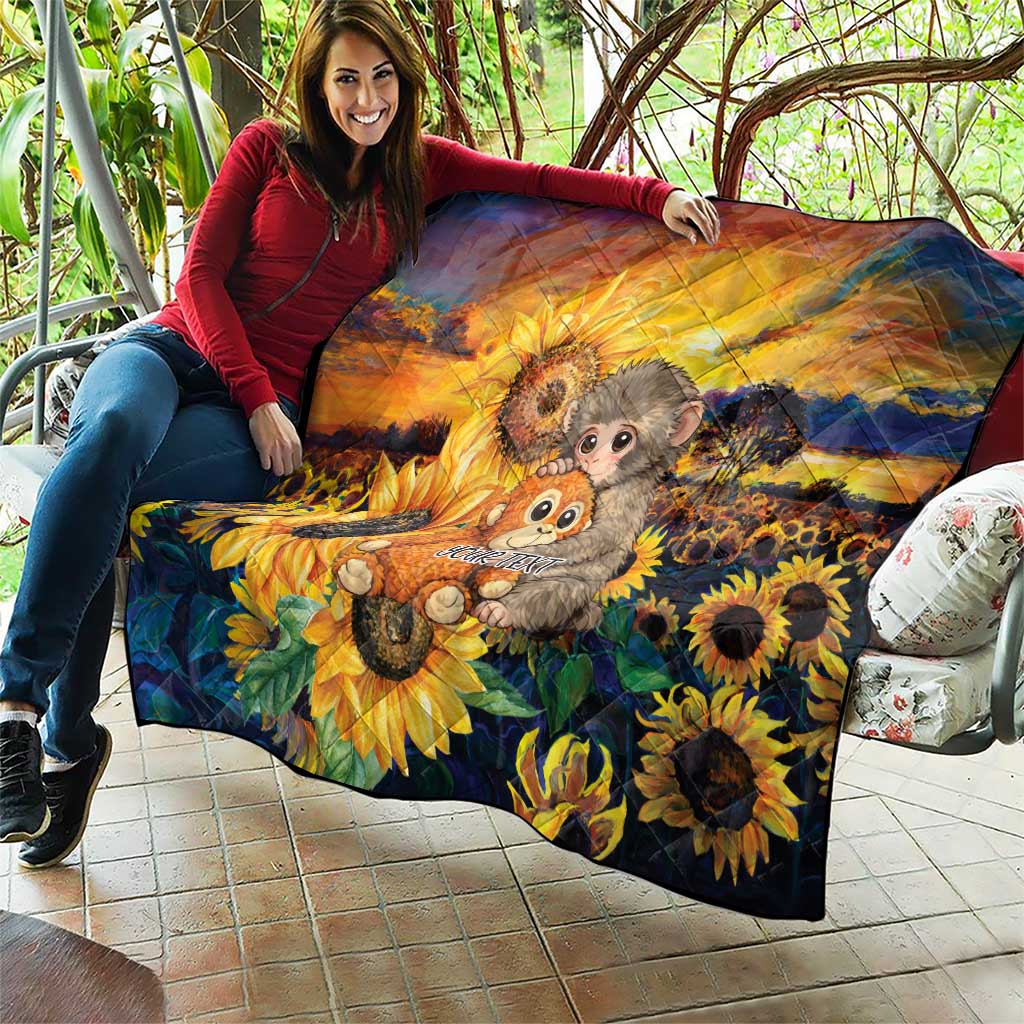 Baby Monkey Punch Personalized Quilt Sunflower Field Oil Painting Style