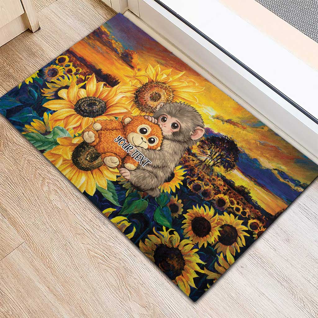 Baby Monkey Punch Personalized Rubber Doormat Sunflower Field Oil Painting Style