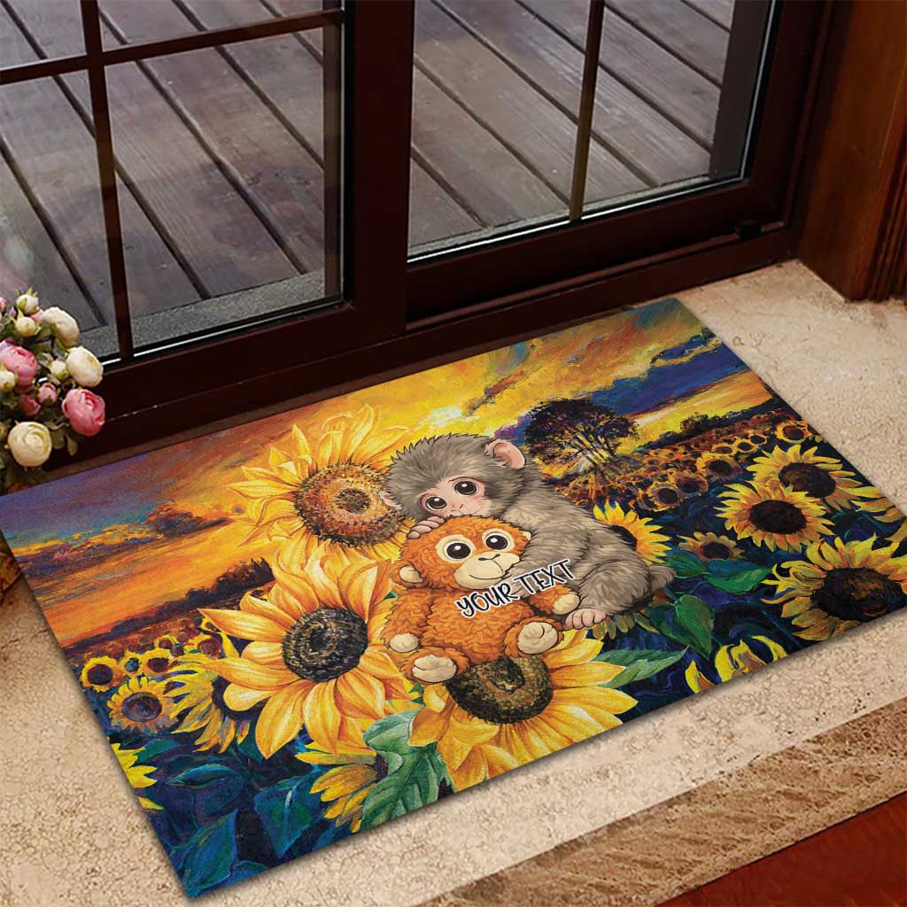 Baby Monkey Punch Personalized Rubber Doormat Sunflower Field Oil Painting Style