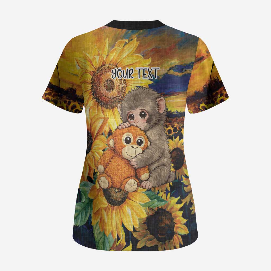 Baby Monkey Punch Personalized Scrub Top Sunflower Field Oil Painting Style