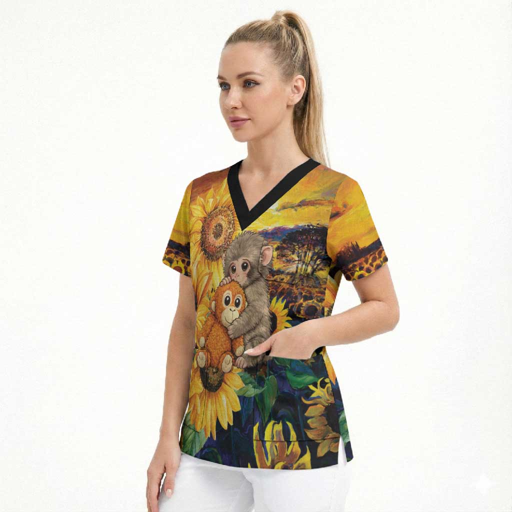 Baby Monkey Punch Personalized Scrub Top Sunflower Field Oil Painting Style