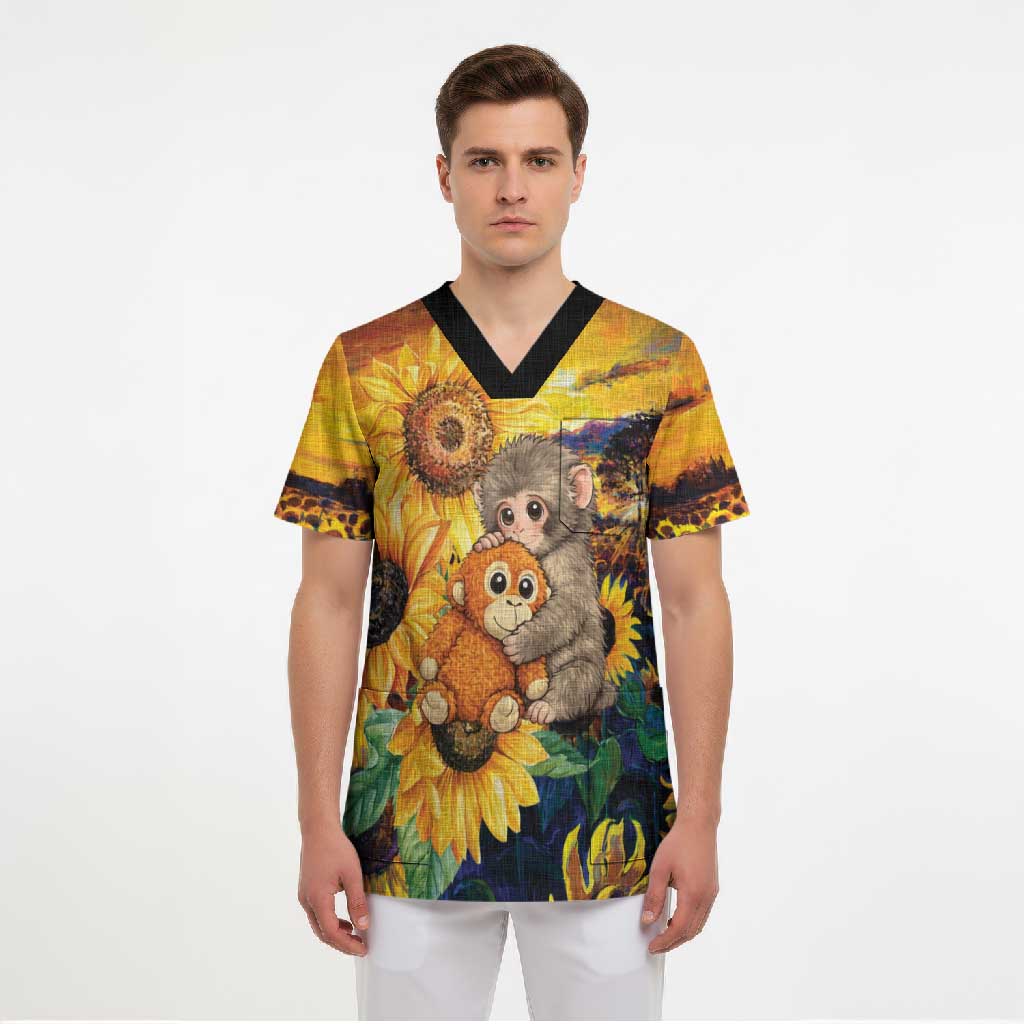 Baby Monkey Punch Personalized Scrub Top Sunflower Field Oil Painting Style