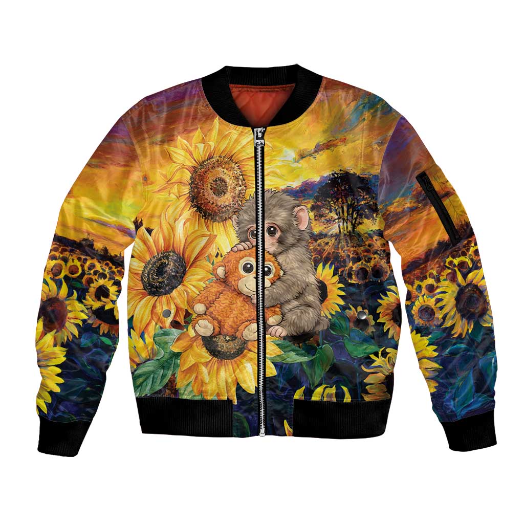 Baby Monkey Punch Personalized Sleeve Zip Bomber Jacket Sunflower Field Oil Painting Style