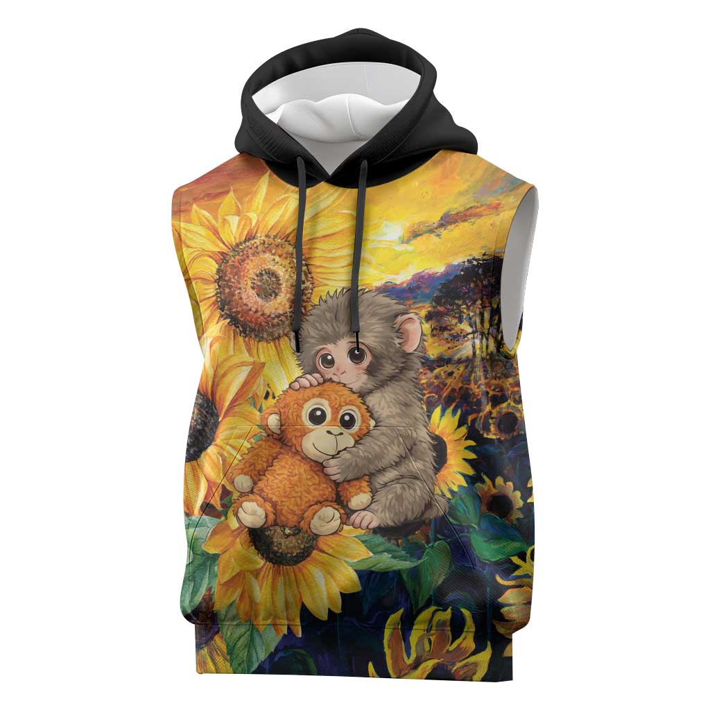 Baby Monkey Punch Personalized Sleeveless Hoodie Sunflower Field Oil Painting Style