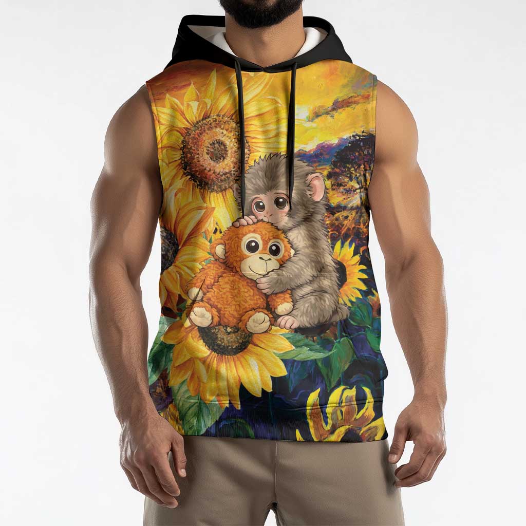 Baby Monkey Punch Personalized Sleeveless Hoodie Sunflower Field Oil Painting Style