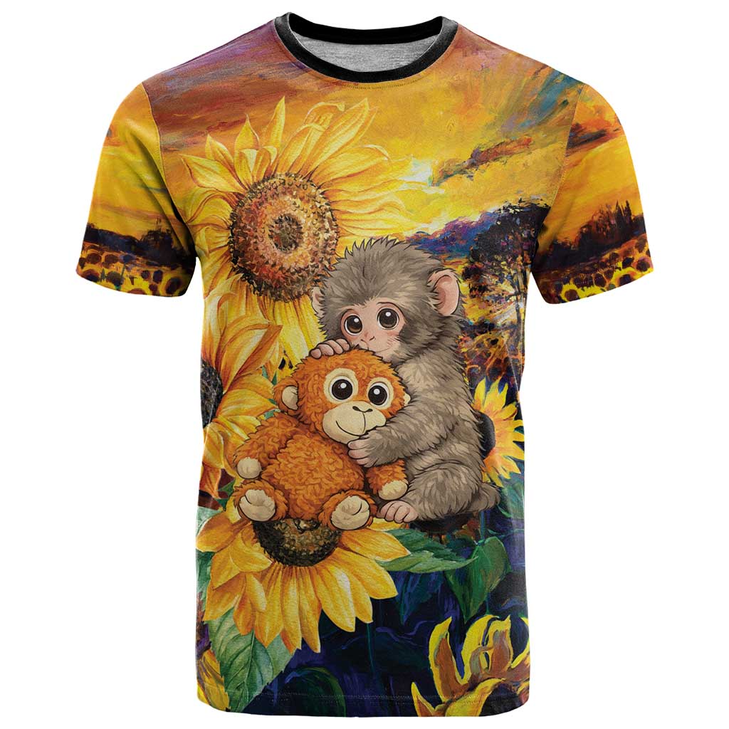 Baby Monkey Punch Personalized T Shirt Sunflower Field Oil Painting Style