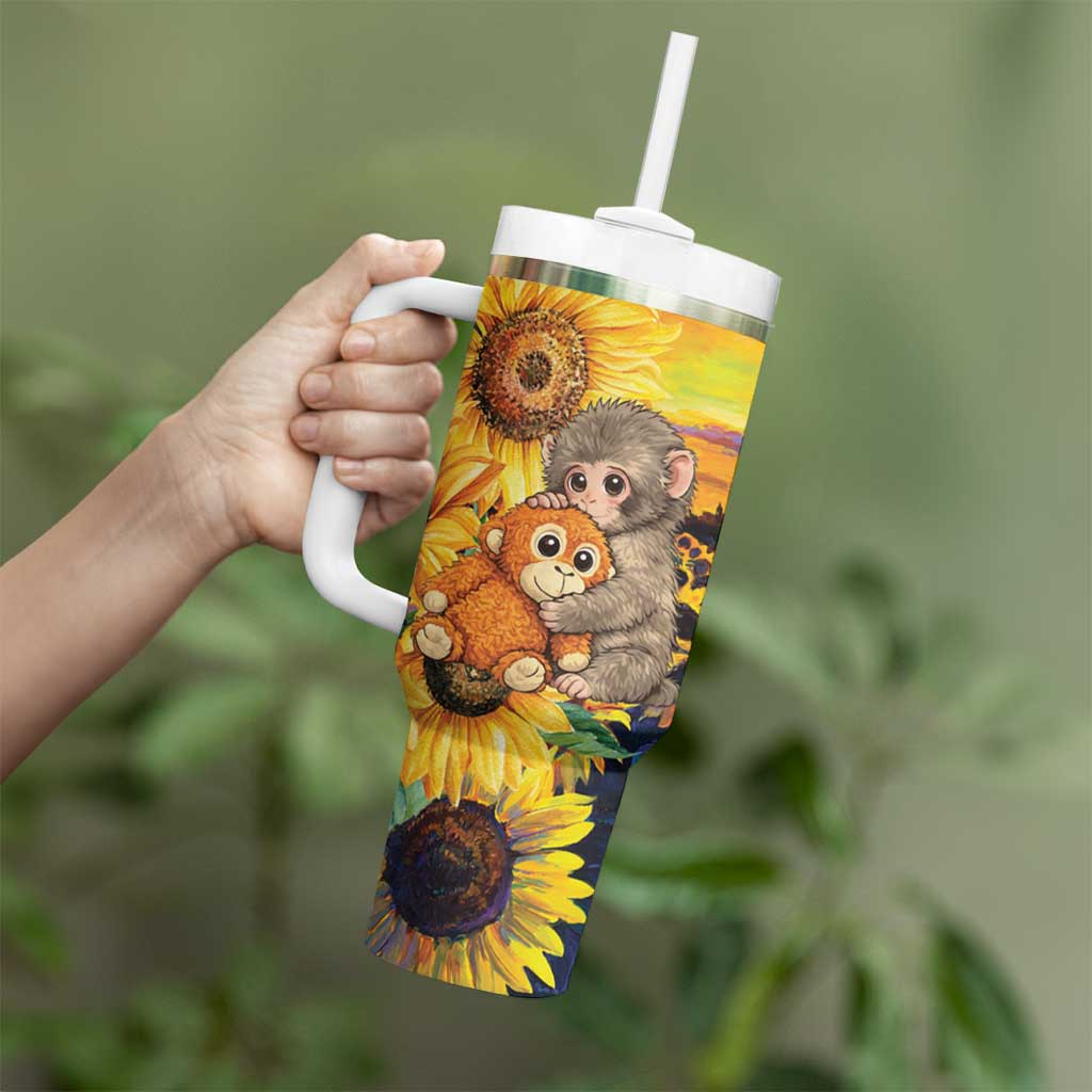 Baby Monkey Punch Personalized Tumbler With Handle Sunflower Field Oil Painting Style