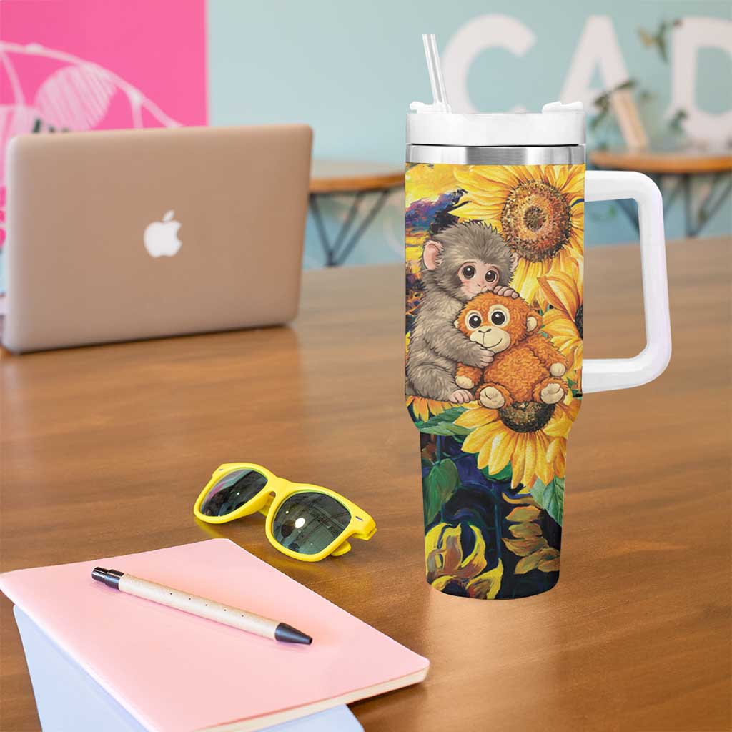 Baby Monkey Punch Personalized Tumbler With Handle Sunflower Field Oil Painting Style
