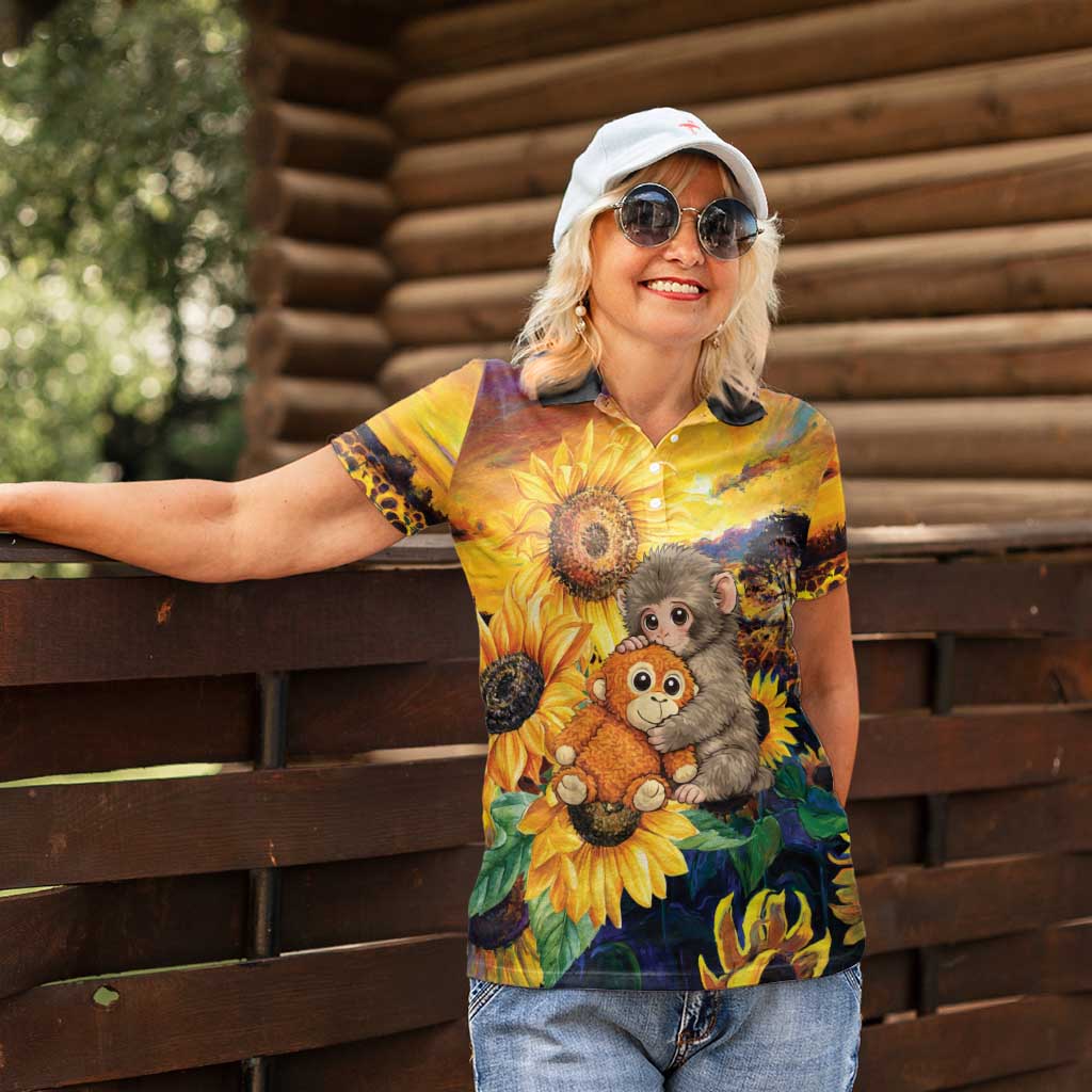 Baby Monkey Punch Personalized Women Polo Shirt Sunflower Field Oil Painting Style