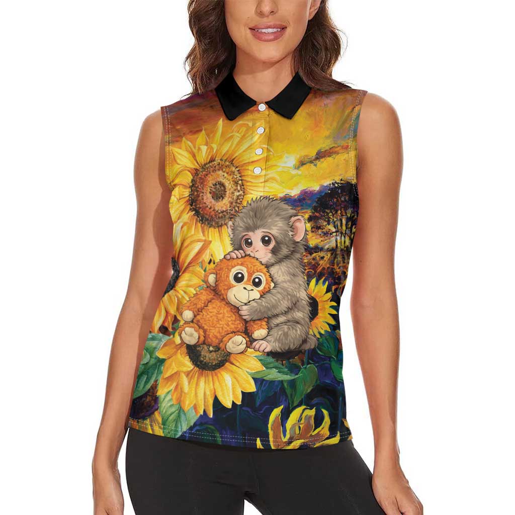 Baby Monkey Punch Personalized Women Sleeveless Polo Shirt Sunflower Field Oil Painting Style