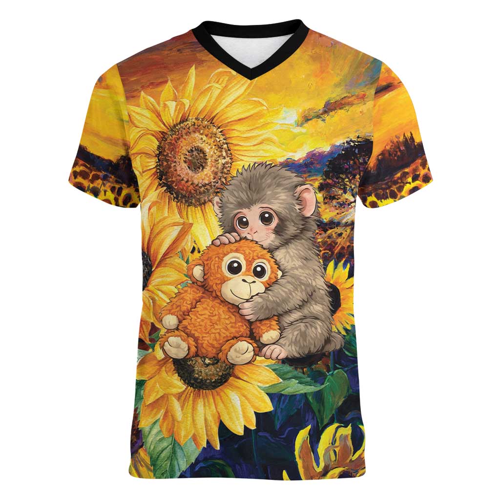 Baby Monkey Punch Personalized Women V-Neck T-Shirt Sunflower Field Oil Painting Style