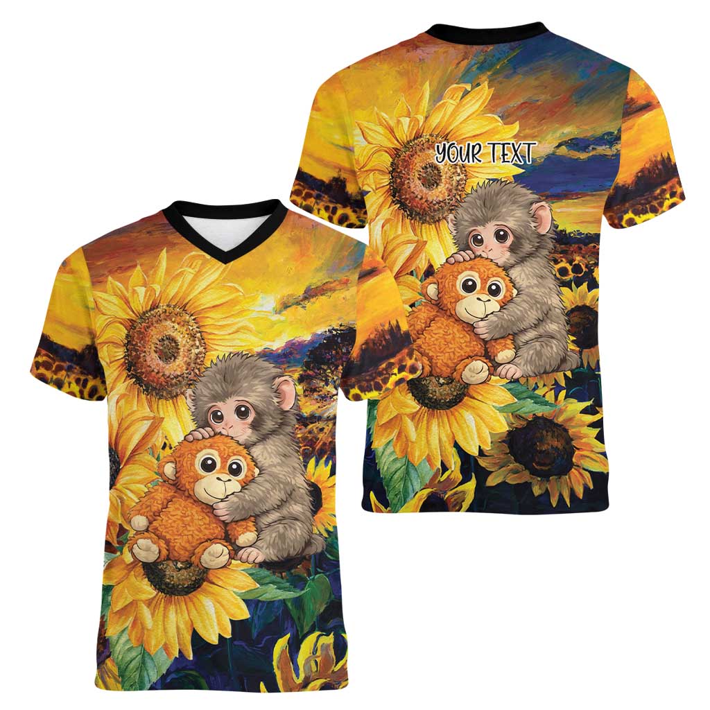 Baby Monkey Punch Personalized Women V-Neck T-Shirt Sunflower Field Oil Painting Style