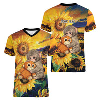 Baby Monkey Punch Personalized Women V-Neck T-Shirt Sunflower Field Oil Painting Style