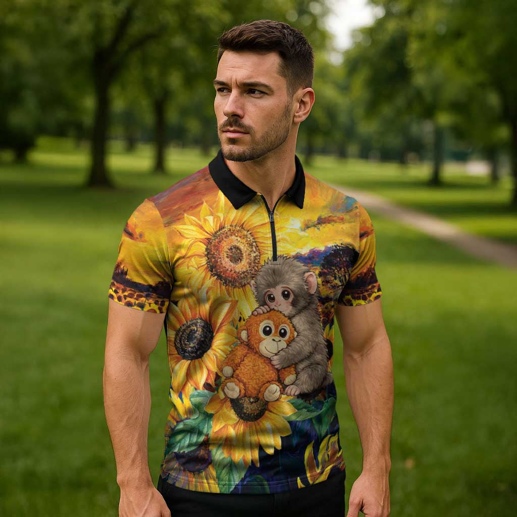 Baby Monkey Punch Personalized Zipper Polo Shirt Sunflower Field Oil Painting Style