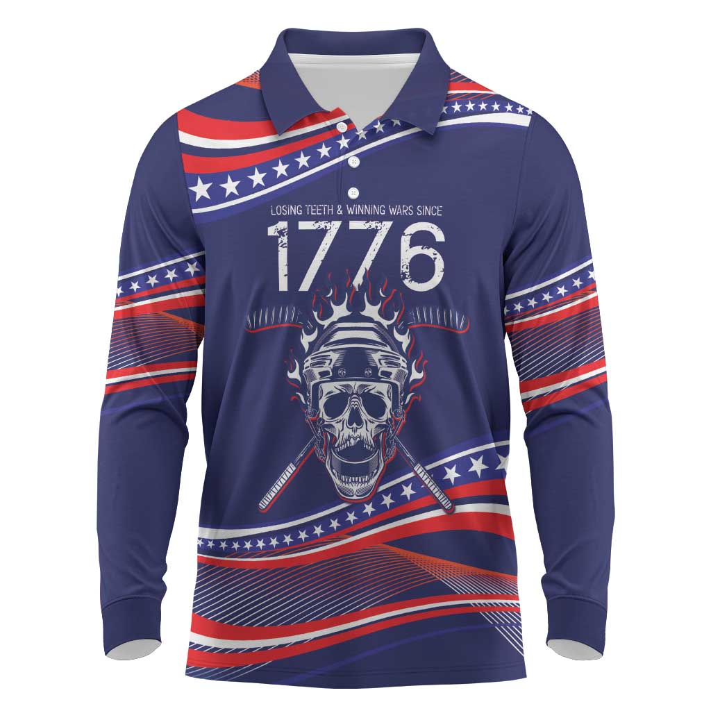 United States Hockey Personalized Long Sleeve Polo Shirt Losing Teeth Winning Wars Since 1776 Blue Style