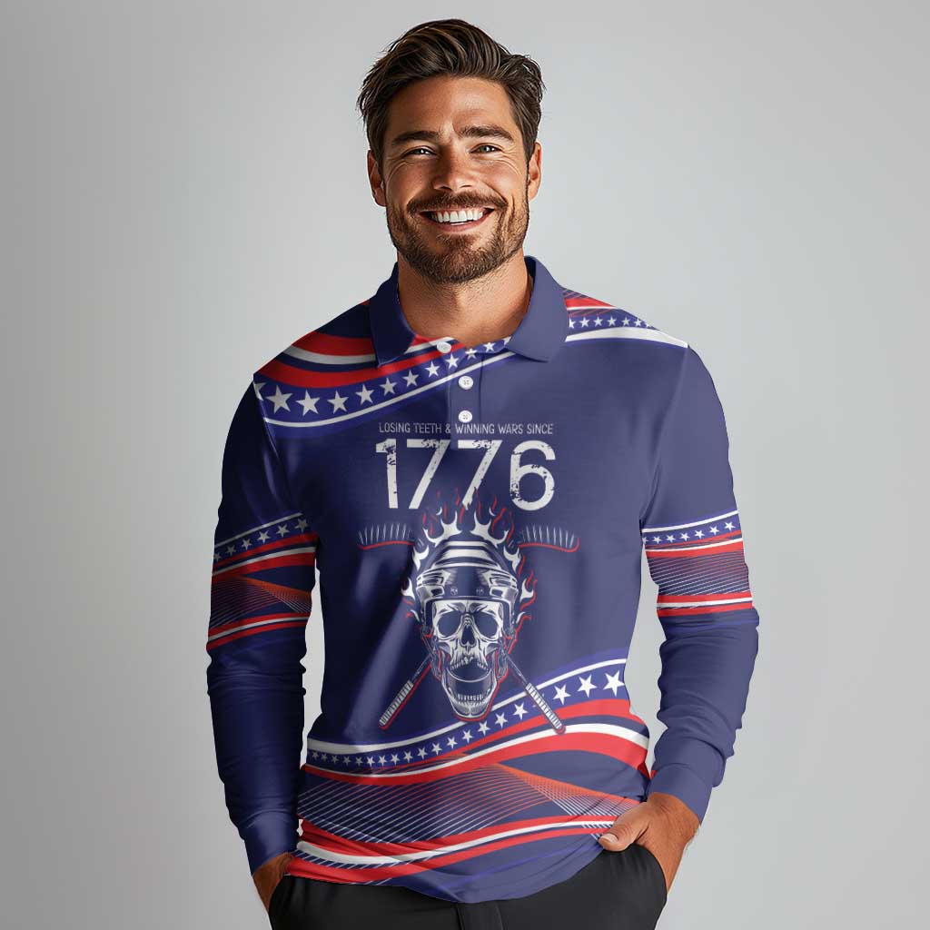 United States Hockey Personalized Long Sleeve Polo Shirt Losing Teeth Winning Wars Since 1776 Blue Style
