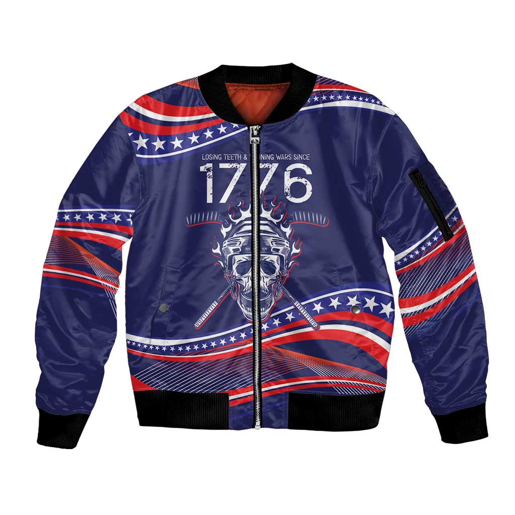 United States Hockey Personalized Sleeve Zip Bomber Jacket Losing Teeth Winning Wars Since 1776 Blue Style
