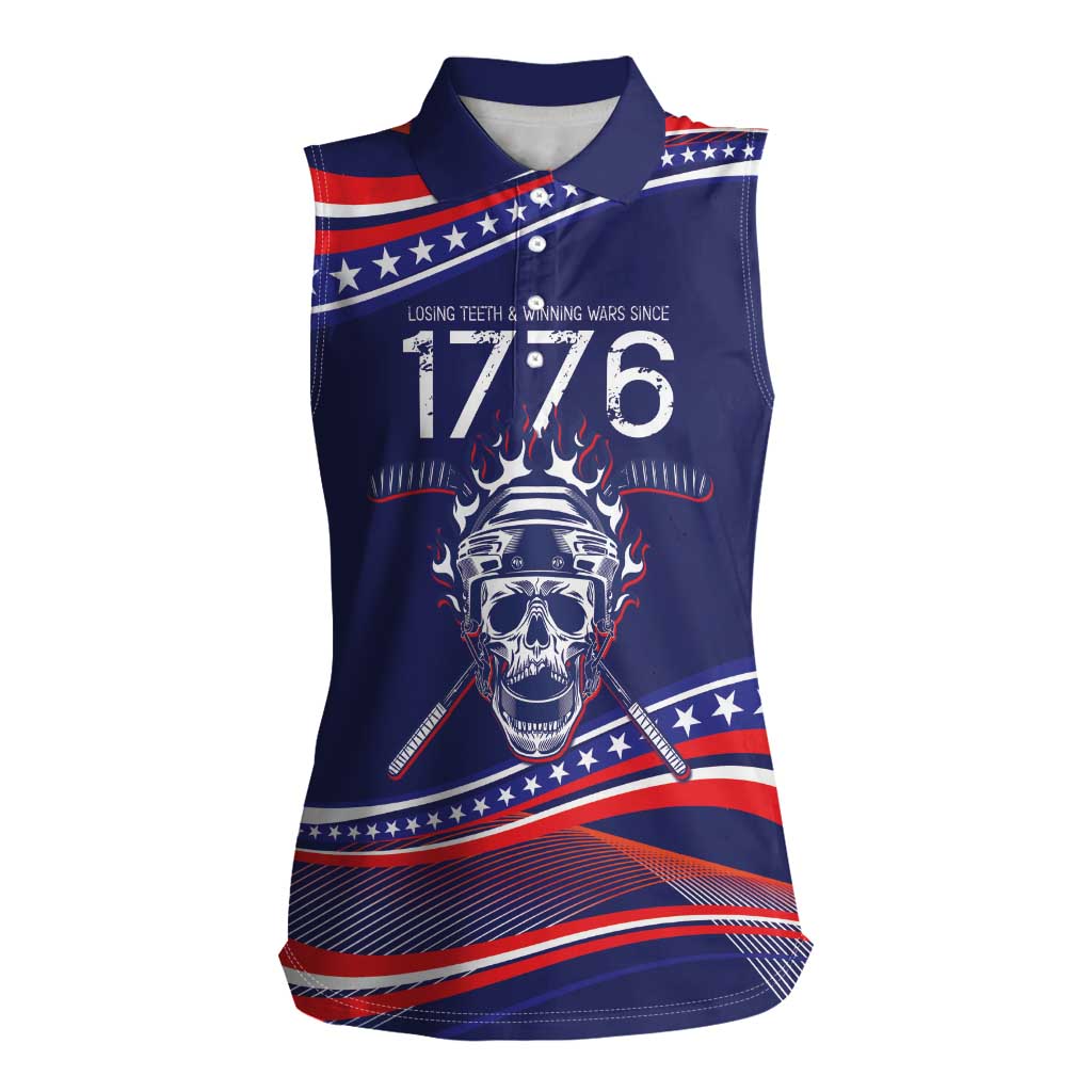 United States Hockey Personalized Women Sleeveless Polo Shirt Losing Teeth Winning Wars Since 1776 Blue Style