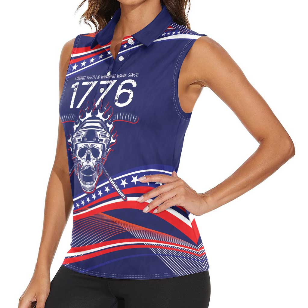 United States Hockey Personalized Women Sleeveless Polo Shirt Losing Teeth Winning Wars Since 1776 Blue Style