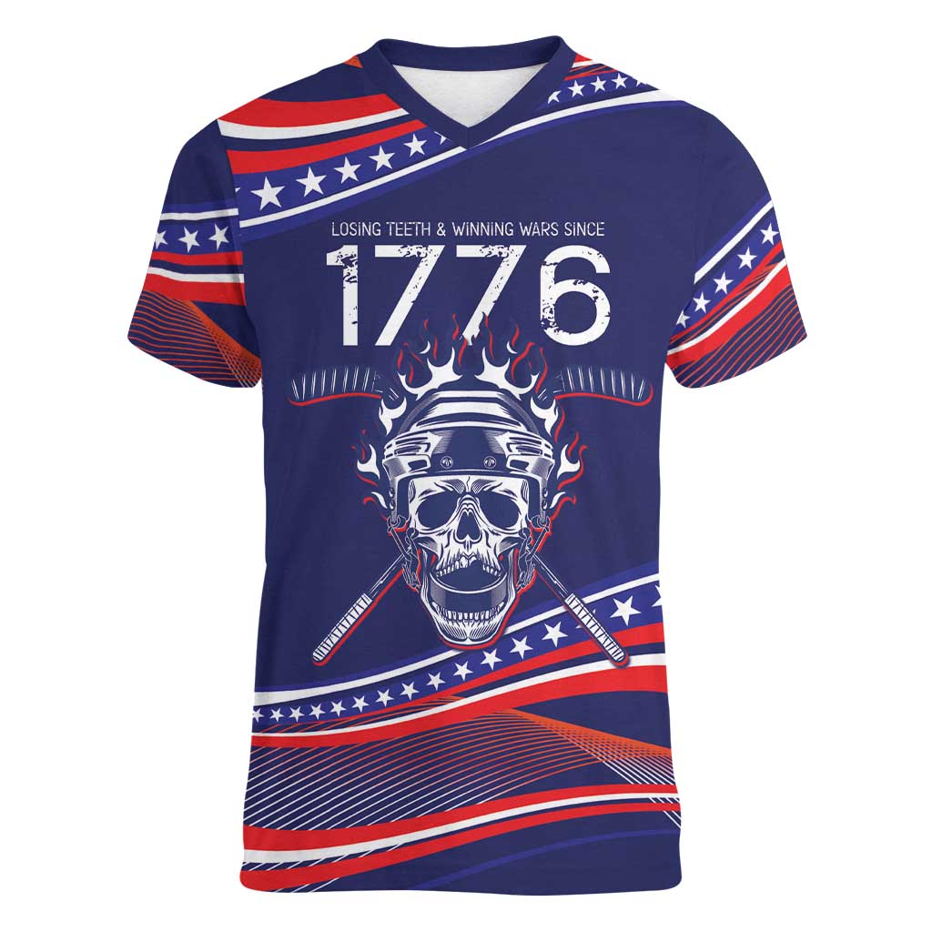 United States Hockey Personalized Women V-Neck T-Shirt Losing Teeth Winning Wars Since 1776 Blue Style