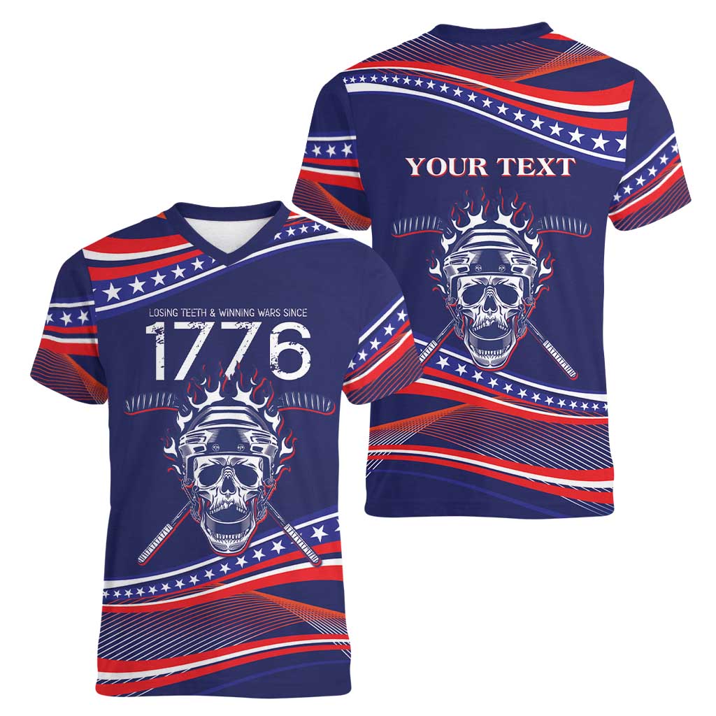 United States Hockey Personalized Women V-Neck T-Shirt Losing Teeth Winning Wars Since 1776 Blue Style