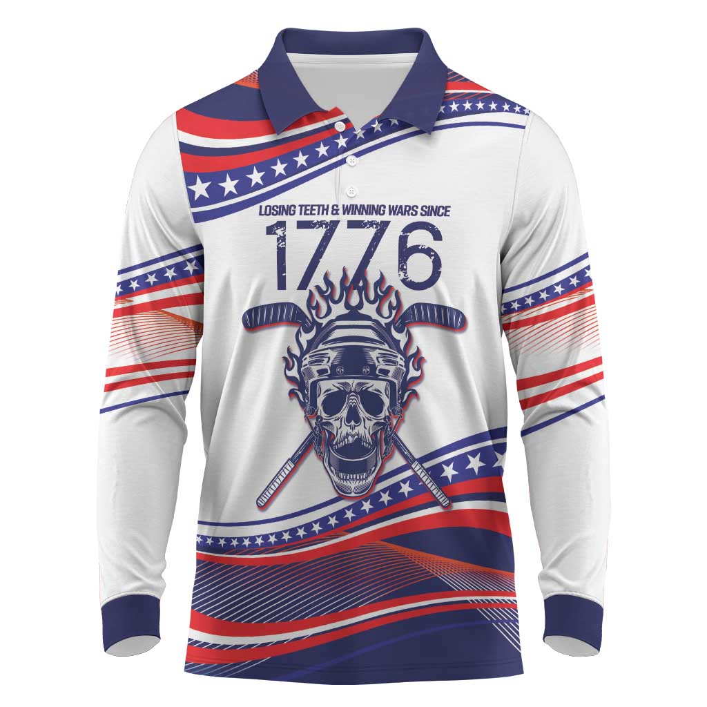 United States Hockey Personalized Long Sleeve Polo Shirt Losing Teeth Winning Wars Since 1776 White Style