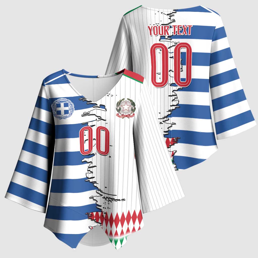 Custom Greece Italy Cultural Half Flag Kimono Sleeve Blouse Scratch Style
