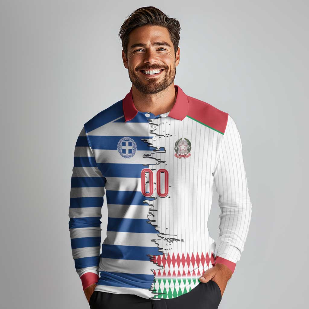 Custom Greece Italy Cultural Half Flag Long Sleeve Polo Shirt Scratch Style