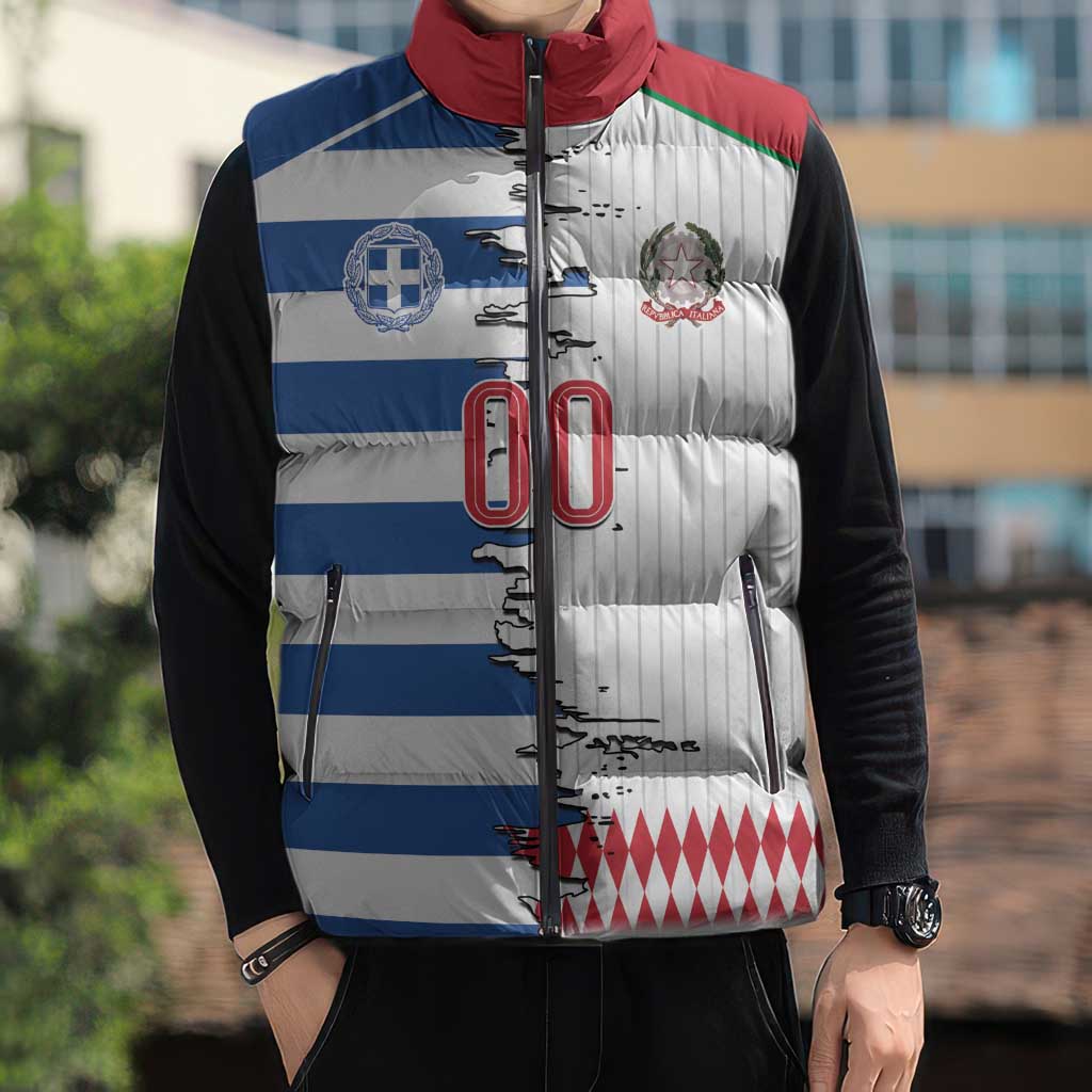Custom Greece Italy Cultural Half Flag Sleeveless Puffer Jacket Scratch Style