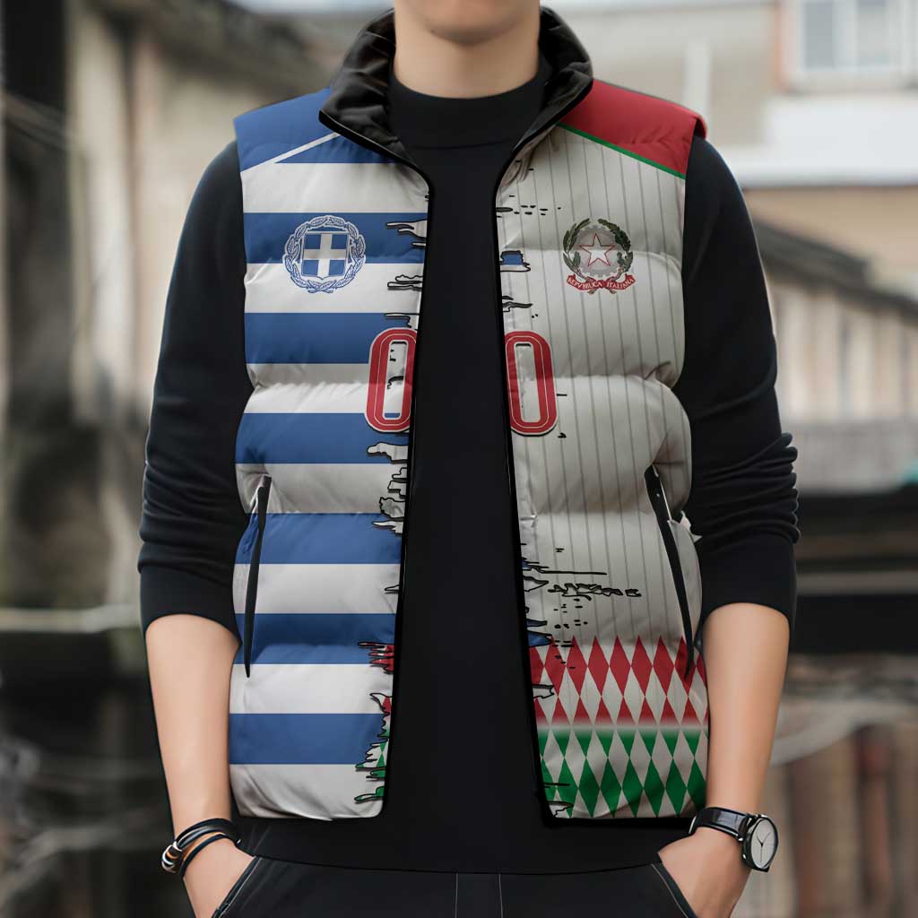 Custom Greece Italy Cultural Half Flag Sleeveless Puffer Jacket Scratch Style