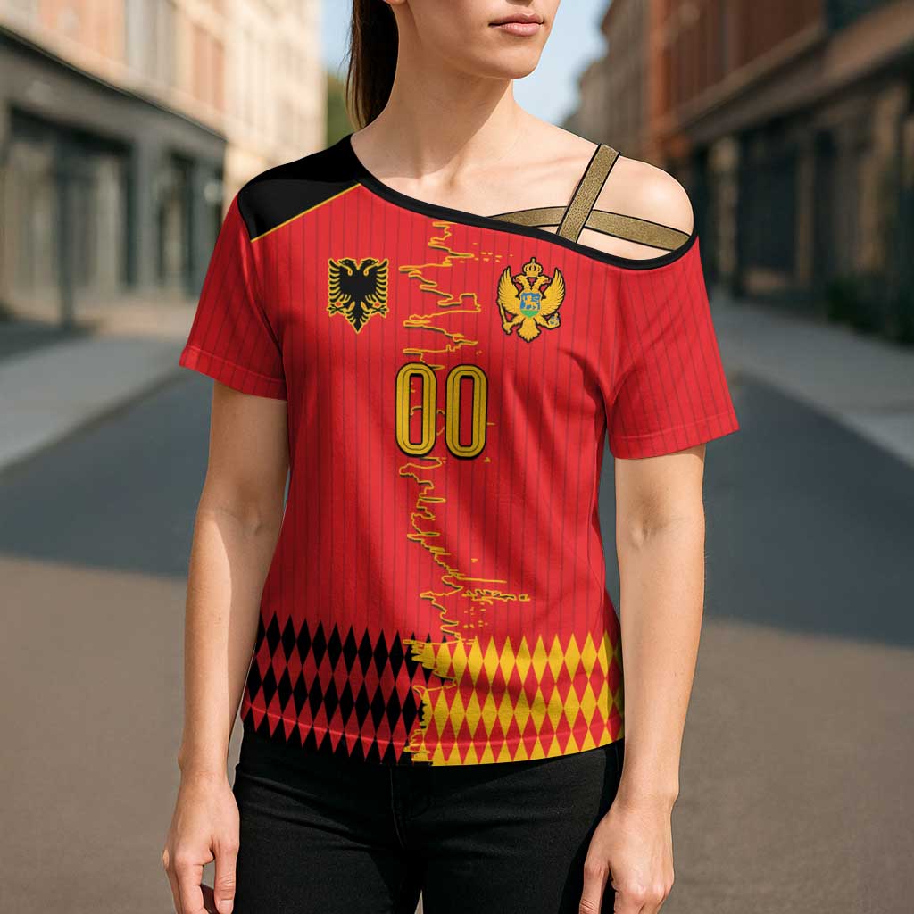 Custom Albania Montenegro Cultural Half Flag Cross Shoulder Shirt Scratch Style