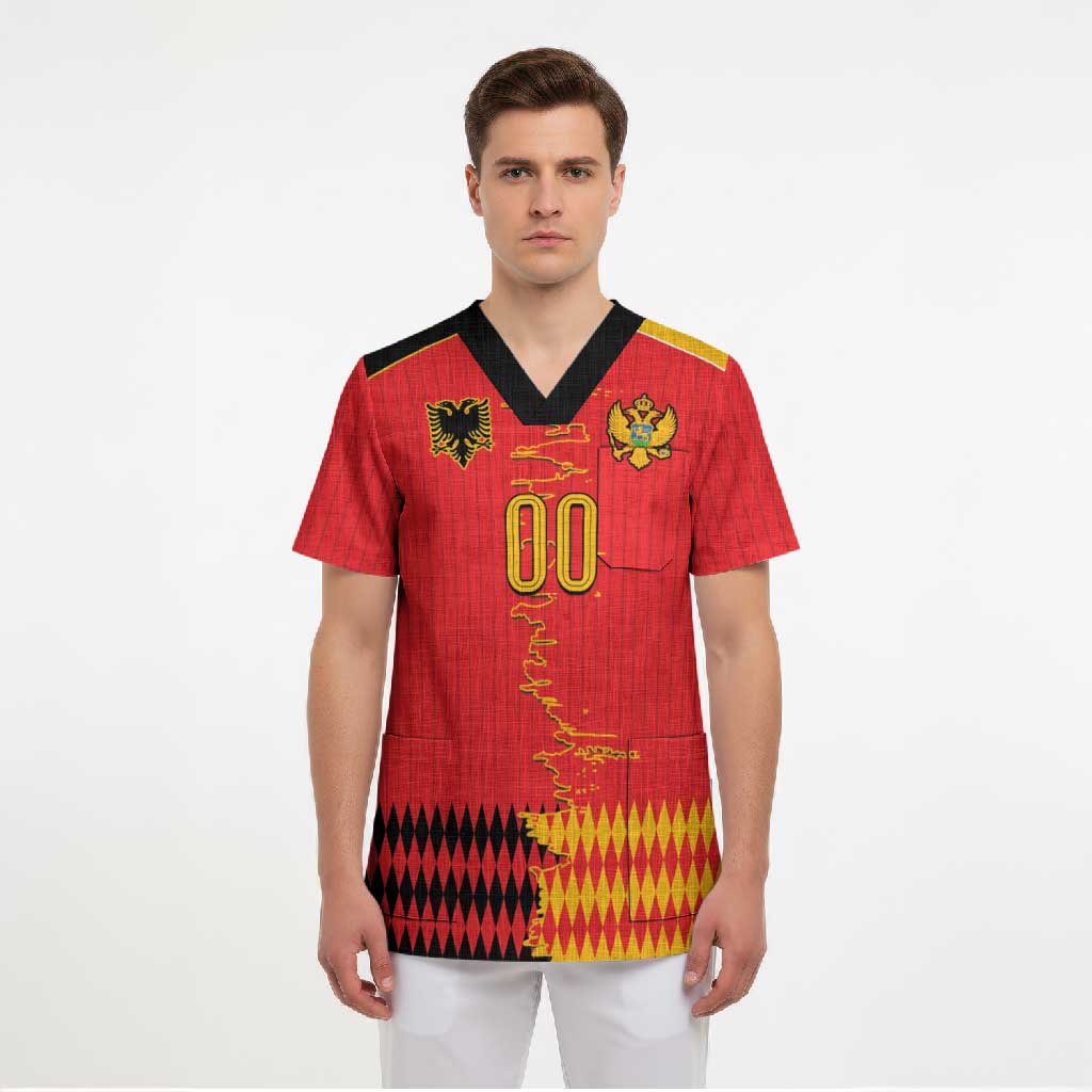 Custom Albania Montenegro Cultural Half Flag Scrub Top Scratch Style