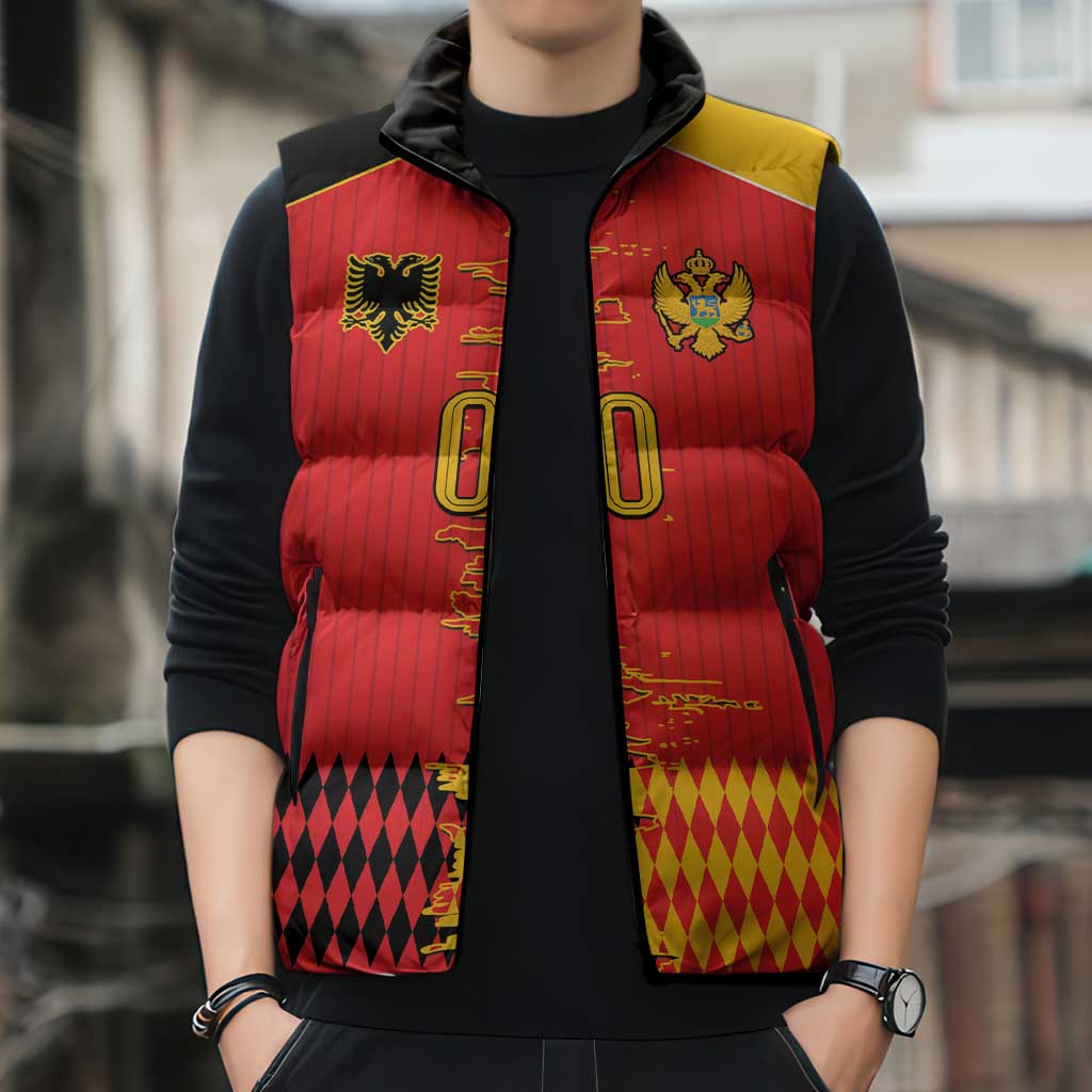 Custom Albania Montenegro Cultural Half Flag Sleeveless Puffer Jacket Scratch Style