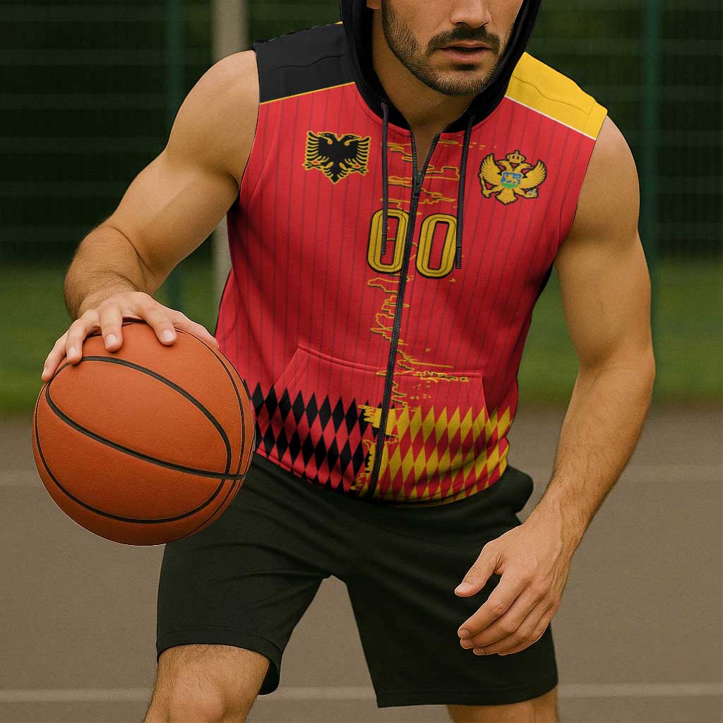 Custom Albania Montenegro Cultural Half Flag Sleeveless Zip Hoodie Scratch Style