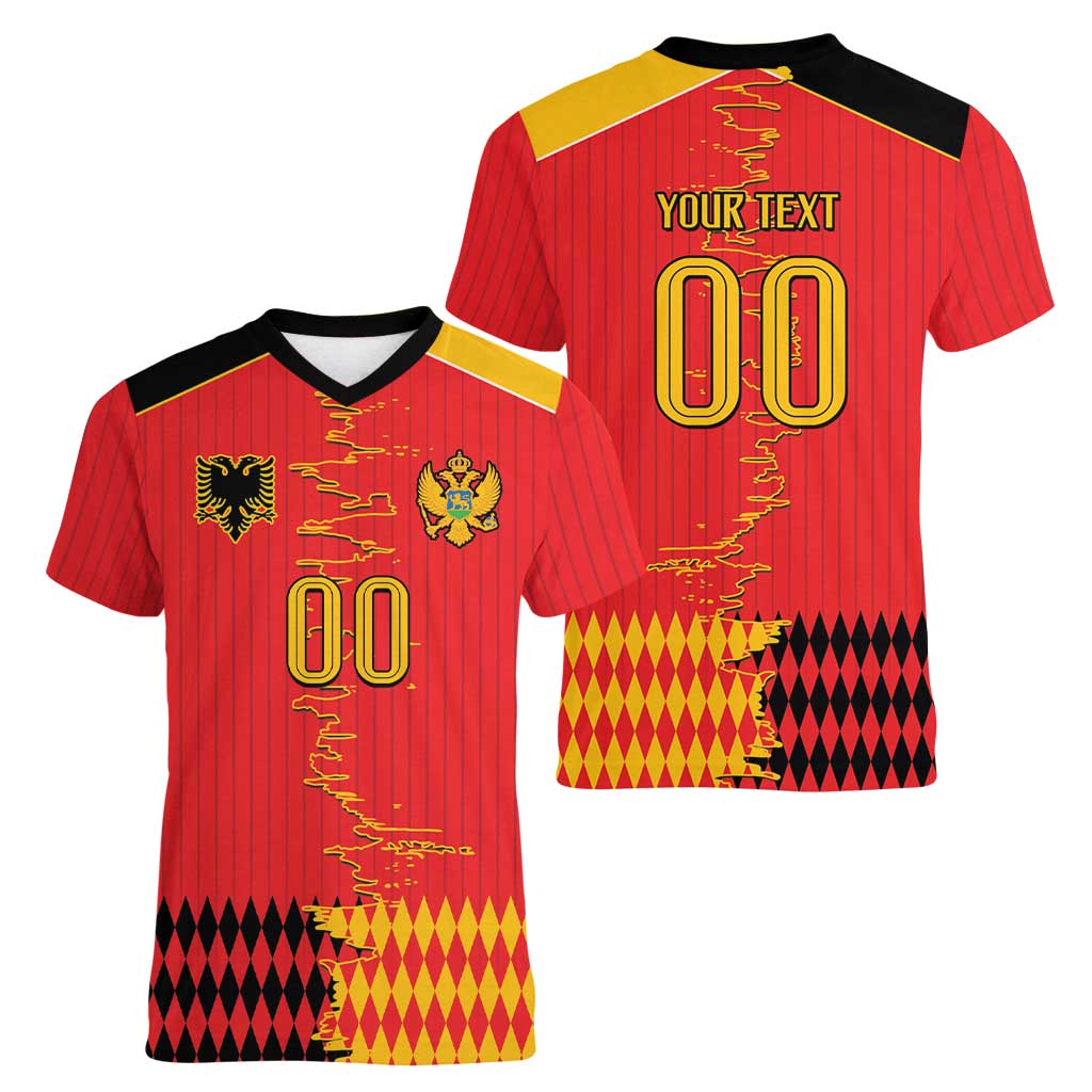 Custom Albania Montenegro Cultural Half Flag Women V-Neck T-Shirt Scratch Style