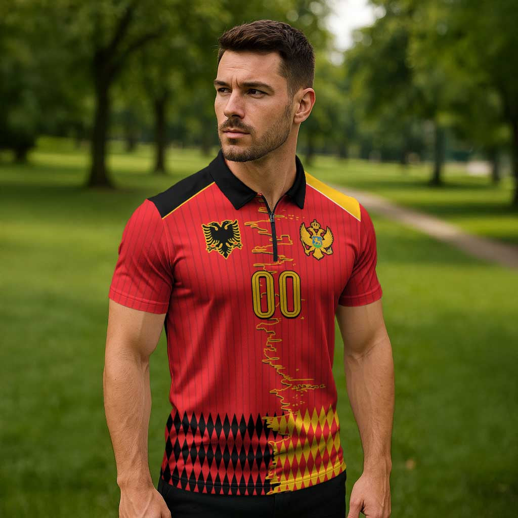 Custom Albania Montenegro Cultural Half Flag Zipper Polo Shirt Scratch Style