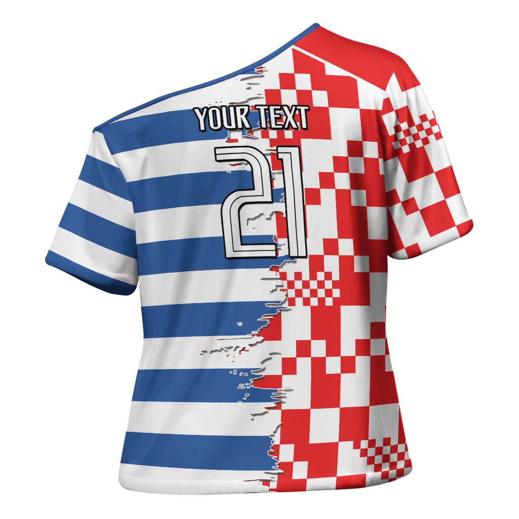 Custom Croatia Greece Cultural Half Flag Cross Shoulder Shirt Scratch Style