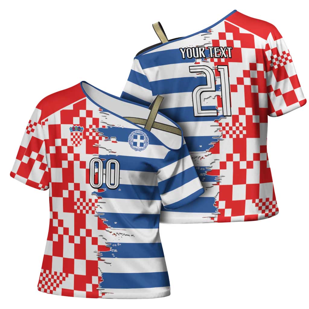 Custom Croatia Greece Cultural Half Flag Cross Shoulder Shirt Scratch Style